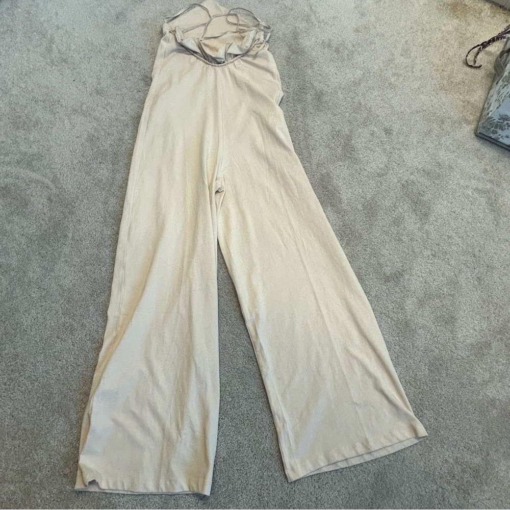 Zara beige cream ruffle frill halter top wide leg jumpsuit 100% cotton S NWOT - Picture 7 of 16